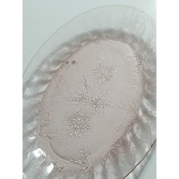Vintage Jeannette Floral Poinsettia Pink Depression Glass Oval Platters set of 2 - Picture 7 of 11